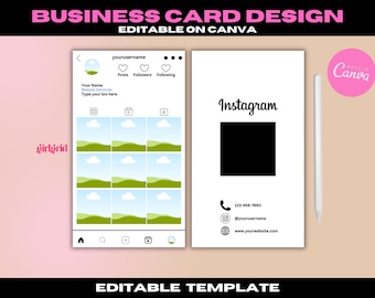 May include: A business card design template with an Instagram theme. The design features a mock-up of an Instagram profile on one side and the Instagram logo and contact information on the other. The words "BUSINESS CARD DESIGN" and "EDITABLE ON CANVA" are at the top.