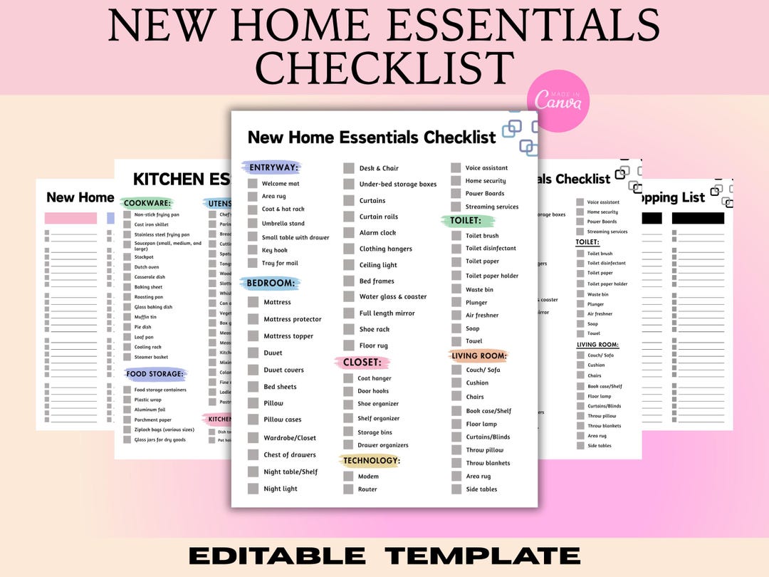 New Home Essentials Checklist Template: Editable Canva Printable (PDF ...