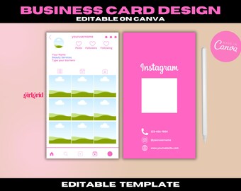 May include: Pink business card design template with Instagram interface mockups. The design includes a phone screen with a profile and post layout, and a card with the Instagram logo and contact information. The text "EDITABLE ON CANVA" is displayed.