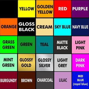 Könnte beinhalten: Eine Farbkarte mit einem Raster von 24 Quadraten, die jeweils eine andere Farbe und ihren Namen in weißem Text anzeigen. Zu den Farben gehören Gelb, Rot, Lila, Orange, Schwarz, Creme, Himmelblau, Marineblau, Grün, Türkis, Rosa und mehr.