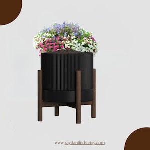 Mid-Century Modern Ceramic Plant Pot with Wooden Stand | Indoor Planter with Drainage Hole And Saucer for Elegant Home & Office Décor