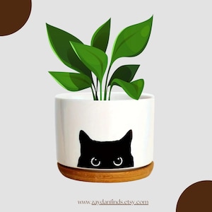 Black Cat Ceramic Planter with Drainage & Bamboo Tray | Cute Succulent Pot, Modern Indoor Plant Holder, Cat Lover Gift For Home And Office