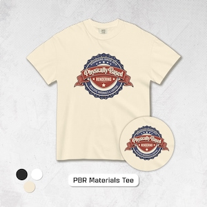 May include: Cream-colored t-shirt featuring a circular graphic with the text "Physically Based Rendering" in red and blue. The graphic includes the text "Standard Since 2010" and "Realistic Materials & Lighting". The shirt also has the text "PBR Materials Tee".