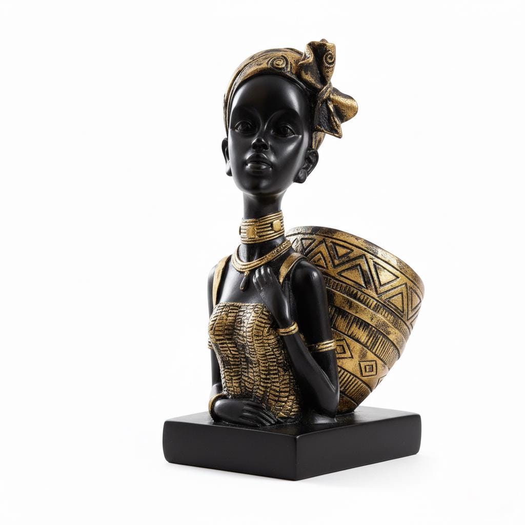 African Woman Resin Statue, Black Gold Tribal Figurine, Ethnic Home Décor, Decorative Sculpture