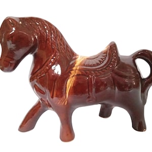 Handcrafted Ceramic Horse Figurine | Glossy Brown Animal Sculpture | Rustic Home Decor | Vintage Style Horse Statue | Gift for Collectors