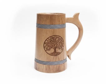 Handmade Wooden Beer Mug with Tree of Life Carving | Rustic Viking Tankard Coffee Mug