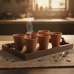 May include: Six terracotta teacups with vertical grooves and scalloped rims sit on a wooden tray. Steam rises from one cup, suggesting a hot drink. A silver spoon rests on the woven mat beside the tray.