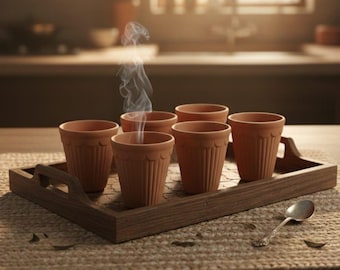 May include: Six terracotta-colored teacups with vertical grooves and scalloped rims are arranged on a wooden tray. Steam rises from one cup, suggesting a hot beverage. A silver spoon rests on the woven mat beside the tray.