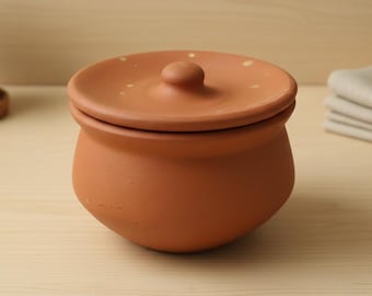 Handmade Terracotta Clay Pot with Lid, Rustic Earthen Spice Jar