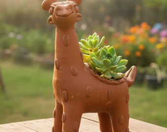 Handgjord terrakottaplanter av giraff | Djurkruka av lera | Rustik heminredning | Krukor och plantor