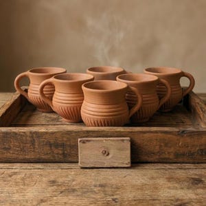 May include: Six terracotta mugs with handles, displayed on a rustic wooden tray. The mugs have a textured, ribbed design and are emitting steam, suggesting a warm drink. The tray features a wooden latch.