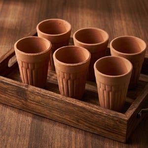 May include: Six small, terracotta-colored clay cups with vertical ribbed designs are arranged in a wooden serving tray. The cups are empty and have a rustic, handmade appearance, suggesting a traditional or artisanal style. The tray is also made of wood.