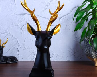 Black Resin Deer Head Statue: Gold Antlers, Modern Home Decor