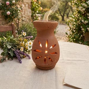 Portavelas Diya de terracota hecho a mano, lámpara de aceite rústica estilo boho, difusor de aromaterapia de arcilla natural