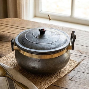 Puede incluir: Una olla de hierro fundido gris oscuro con tapa, detalles de latón y dos asas. La olla está sobre una estera tejida. La tapa tiene un pomo rojo.