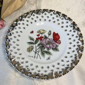 Vintage Porcelain Pierced Plate with Butterfly & Florals – Signed Edwards – Lace Edge Wall Plate with Gilded Rim Decorative Collector Plate