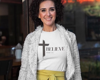 Camiseta cristiana "Cree", versículo bíblico de Marcos 5:36, unisex, religiosa