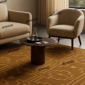 May include: A modern living room setup featuring a mustard-colored geometric patterned rug, two beige sofas, and a dark brown coffee table. A glass bottle with water sits on a black tray. The room has a neutral color palette.