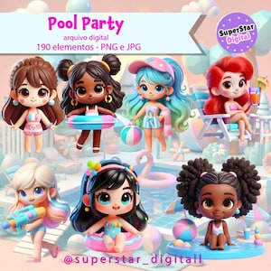 May include: A digital illustration featuring seven cartoon dolls in swimwear, with various hairstyles and skin tones, posing near a pool. The image includes text that reads "Pool Party" and "SuperStar Digital."