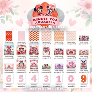 Puede incluir: Una colecci&oacute;n de fondos y gr&aacute;ficos digitales con el tema de Minnie Mouse. Los dise&ntilde;os incluyen lunares, corazones e ilustraciones de Minnie Mouse. El texto "MINNIE POA AQUARELA" se muestra en la parte superior, con n&uacute;meros y texto debajo.