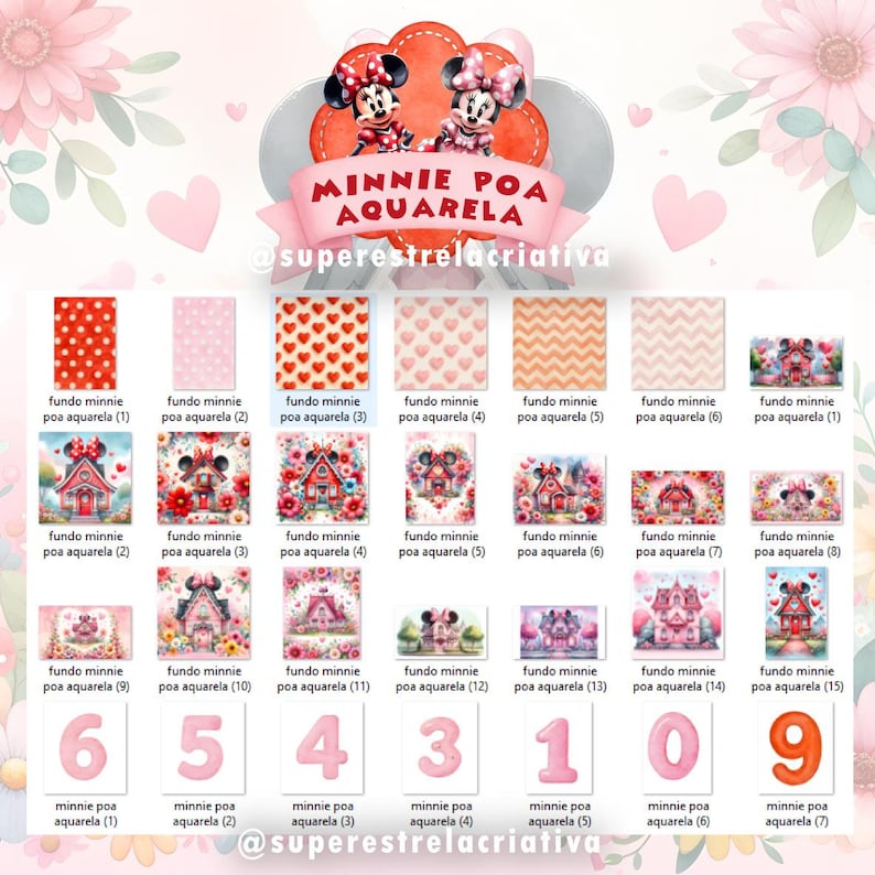 Puede incluir: Una colecci&oacute;n de fondos y gr&aacute;ficos digitales con el tema de Minnie Mouse. Los dise&ntilde;os incluyen lunares, corazones e ilustraciones de Minnie Mouse. El texto "MINNIE POA AQUARELA" se muestra en la parte superior, con n&uacute;meros y texto debajo.