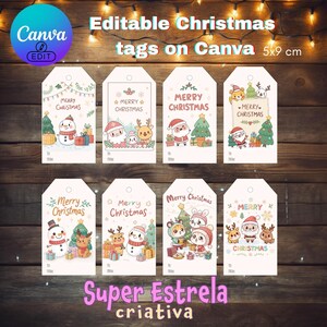 May include: A collection of eight Christmas gift tags with various festive illustrations, including snowmen, Santa Claus, and reindeer. Each tag features the text "Merry Christmas" and a space for "To" and "From". The tags are 5 x 9 cm.