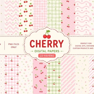 Op de afbeelding: Een collectie van 20 digitaal papier met diverse patronen waaronder kersen, strepen, gingham, stippen en bloemen in tinten roze, groen en wit. Het centrale label toont de tekst CHERRY DIGITAL PAPERS.