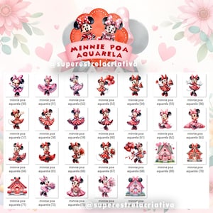 Puede incluir: Una colecci&oacute;n de ilustraciones en acuarela con Minnie Mouse en varias poses y atuendos. Las im&aacute;genes incluyen a Minnie con lunares, sosteniendo globos y frente a casas. El texto "MINNIE POA AQUARELA" se muestra en una pancarta.