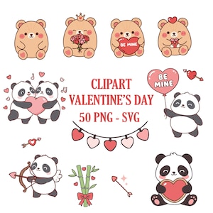 Pode incluir: Uma coleção de cliparts com tema de Dia dos Namorados com ursos e pandas de desenho animado. Os ursos seguram corações, presentes e flores. Os pandas se abraçam, seguram balões e usam arcos e flechas. O texto diz "Clipart Valentine's Day 50 PNG - SVG."