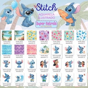 May include: A collection of watercolor illustrations featuring the character Stitch from Lilo & Stitch. The images include Stitch with a balloon, sunglasses, and a surfboard, along with various background patterns and character pairings. The text "Stitch" and "Aquarela Ilustrado" are also present.