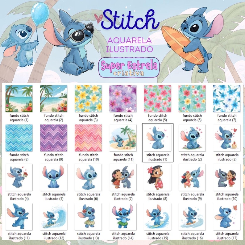 May include: A collection of watercolor illustrations featuring the character Stitch from Lilo & Stitch. The images include Stitch with a balloon, sunglasses, and a surfboard, along with various background patterns and character pairings. The text "Stitch" and "Aquarela Ilustrado" are also present.