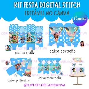 Editable Lilo - Stitch Party Kit Canva Template/ Milk Box,Heart Box, Pyramid, Candy Box - Cake Topper Instant Download