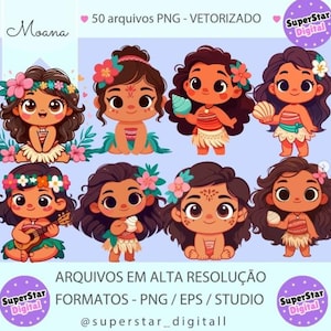 Könnte beinhalten: Acht Cartoon-Illustrationen von Moana-Charakteren, jeweils mit dunklem Haar, Blumenschmuck und traditioneller Kleidung. Das Bild enthält den Text "50 arquivos PNG - VETORIZADO" und "ARQUIVOS EM ALTA RESOLUÇÃO". Die Illustrationen sind im PNG-, EPS- und Studio-Format.