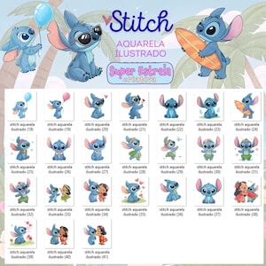 May include: A collection of watercolor illustrations featuring the character Stitch. The images showcase Stitch in various poses, holding a balloon, wearing sunglasses, and with a surfboard. The text "Stitch" and "Aquarela Ilustrado" are also present.