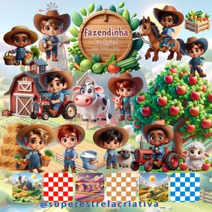 May include: A digital art illustration featuring a farm theme with cartoon characters, a red barn, a tractor, and a cow. The image includes a wooden sign with the text "fazendinha kit digital". There are also several picnic blanket patterns at the bottom.