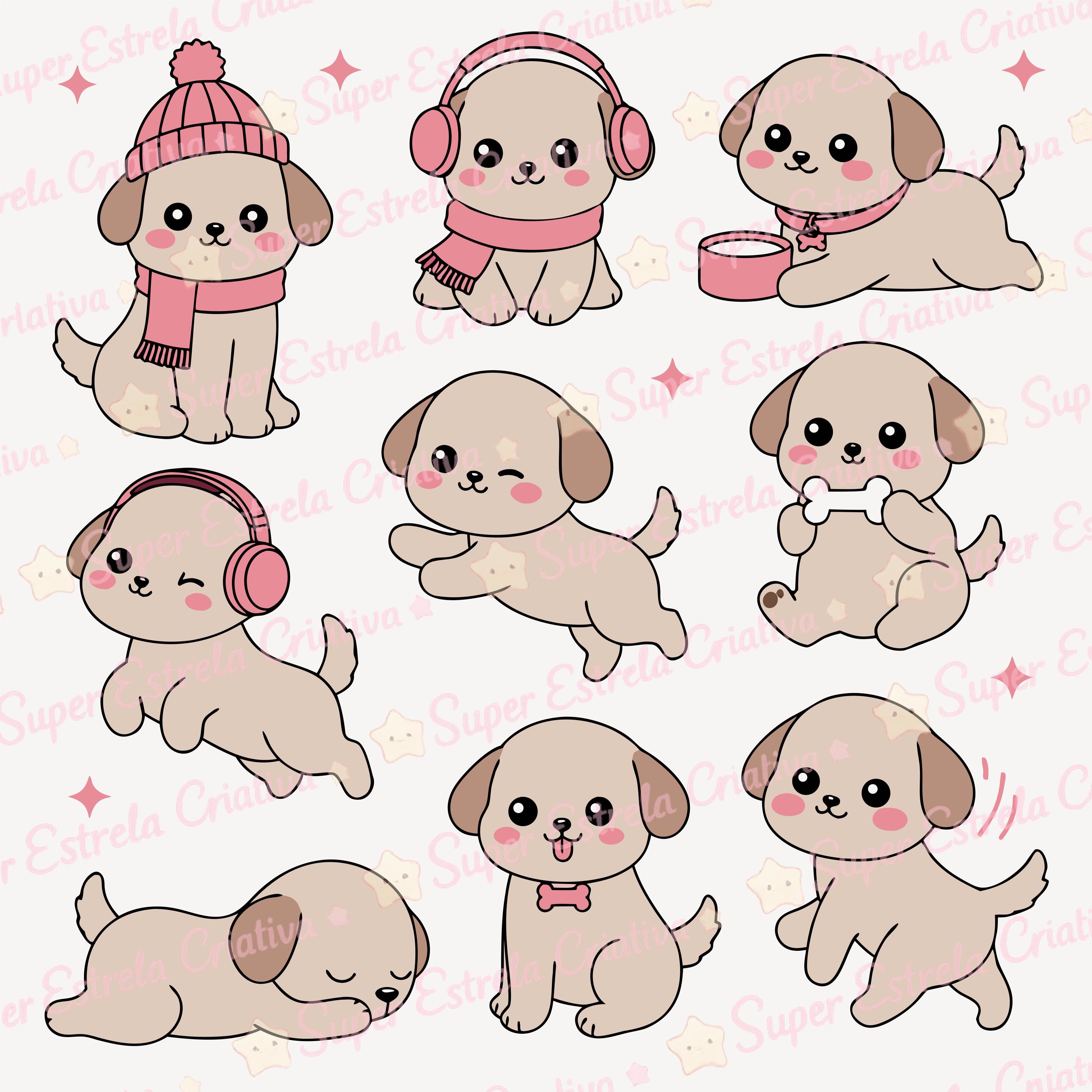 Cute Kawaii Puppy Clipart Bundle, 9 PNG SVG EPS Studio Files, Baby Dog ...