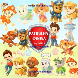 Watercolor Paw Patrol Digital Clipart | 40 PNG JPG Elements | Cute Puppy Clip Art for Kids Party, Invitations, Crafts