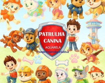 Watercolor Paw Patrol Digital Clipart | 40 PNG JPG Elements | Cute Puppy Clip Art for Kids Party, Invitations, Crafts