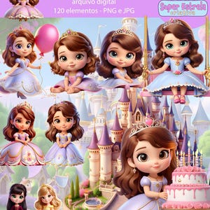 May include: Digital art featuring multiple illustrations of a princess with brown hair, wearing various gowns in shades of pink, purple, and blue. The image includes text that reads "PRINCESINHA SOFIA" and "Super Estrela Criativa."