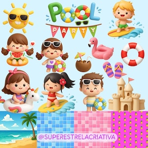 Pode incluir: Uma ilustração vibrante com o tema festa na piscina. Apresenta personagens de desenhos animados, um sol sorridente, um flutuador de flamingo, um salva-vidas, um castelo de areia e as palavras "Pool Party". A imagem inclui uma cena de praia e padrões de azulejos coloridos.