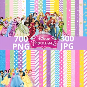 Pode incluir: Um gráfico digital com princesas da Disney com fundos coloridos estampados. A imagem inclui o texto "700 PNG" e "300 JPG" e o logotipo das Princesas Disney. Os fundos têm listras, estrelas e glitter.