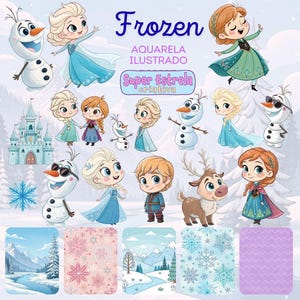 Puede incluir: Ilustración digital con personajes de la película "Frozen", incluyendo a Elsa, Anna, Olaf, Kristoff y Sven. La imagen tiene un tema invernal con copos de nieve, un castillo y varios fondos estampados. El texto incluye "Frozen", "Aquarela Ilustrado" y "Super Estrela criativa".