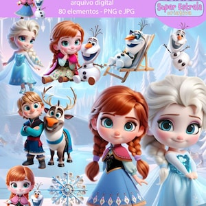 Paquete de imágenes prediseñadas de Princesas de Frozen: 80 elementos PNG y JPG. Kit digital de Castillo de Hielo. Descarga instantánea para invitaciones, decoración de fiestas y manualidades.