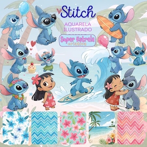 May include: A digital illustration featuring the character Stitch from Lilo & Stitch. The image includes Stitch in various poses, with a surfboard, sunglasses, and balloons. The image also includes Lilo and tropical patterns, with the text "Stitch" and "Super Estrela criativa".
