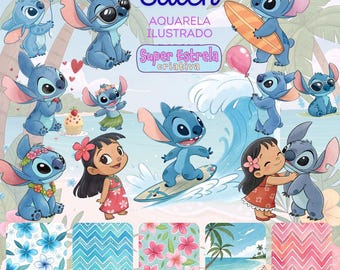 Conjunto de imágenes prediseñadas de acuarela de Stitch