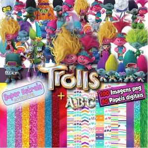 May include: A colorful digital art bundle featuring numerous Troll characters with vibrant hair and outfits. The image includes the word "Trolls" in a metallic font, along with text in Portuguese. Glittery and patterned digital papers are also included.