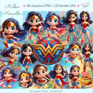 May include: A collection of cartoon Wonder Woman figures in various poses, wearing red, blue, and gold costumes. The image includes the text "Mulher Maravilha" and "80 arquivos PNG + 20 fundos JPG". The figures are set against a light blue background.