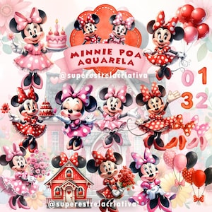 May include: Watercolor illustration featuring Minnie Mouse in various poses, wearing polka dot dresses and bows. The image includes cakes, balloons, and the text "MINNIE POA AQUARELA". The overall theme is a birthday or party celebration.