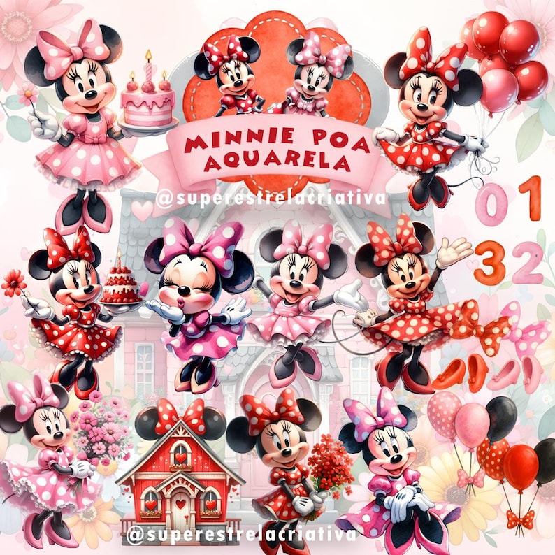 Puede incluir: Ilustraci&oacute;n en acuarela con Minnie Mouse en varias poses, vestida con vestidos de lunares y lazos. La imagen incluye pasteles, globos y el texto "MINNIE POA AQUARELA". El tema general es una celebraci&oacute;n de cumplea&ntilde;os o fiesta.