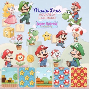 Pode incluir: Ilustração em aquarela com personagens da série Mario Bros. A imagem inclui Mario, Luigi, Princesa Peach, Yoshi e outros elementos icônicos como blocos de interrogação, estrelas e cogumelos. O texto "Mario Bros" e "Super Estrela criativa" também estão presentes.